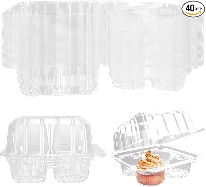 40 Pack 4-Compartment Cupcake Containers, Clear Plastic Cupcake Boxes, 4-Cavity Cupcake Holders with Deep Dome for Bakery Muffin