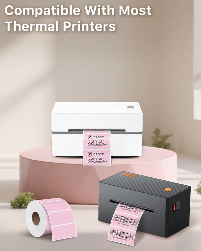 iEager 2.25x1.25 Inch Thermal Labels, Pink Durable Thermal Printer Stickers, Self-Adhesive Rectangle Shipping Label Printer Sticker for Barcode, Name, Address, 1000 Labels/Roll