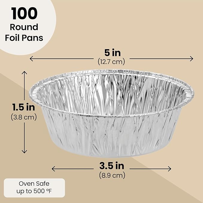 Juvale Mini Pot Pie Pans - 100 Pack, 5 In, Silver Aluminum - Disposable Aluminum Foil Pans & Tins for Pot Pie Baking, Quiche & Tarts, Oven & Freezer Safe