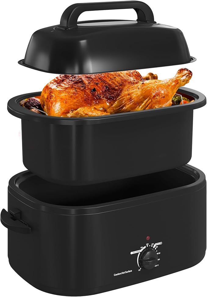 Royalcraft Roaster Oven with Self-Basting Lid, 24qt Electric Roaster with Removable Pan & Rack, Turkey Roaster Oven with Defrost & Warm Function, Stainless Steel, Black
