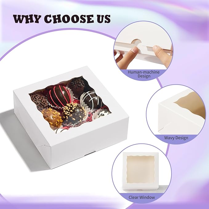 RomanticBaking 21PCS 5x5x2 Inch Bakery Boxes,Cookie Boxes with Window, Pastry Boxes for Macaroon Dessert Cupcake Donut Pastry Muffins