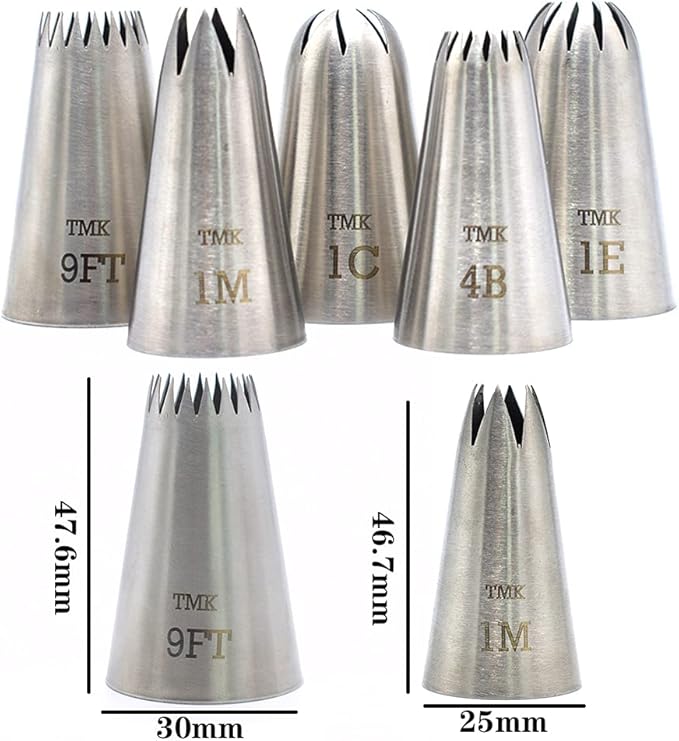 5 Pack Stainless Steel Seamless Piping Icing Tips #9FT 1C 1E 1M 4B, Large Star Piping Nozzle, Cake Decorating Tools for Baker