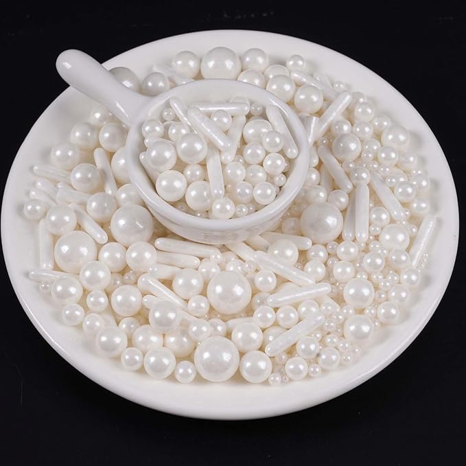 Kasvan White Pearl Sugar Sprinkles - Edible Candy Pearls 130g/4.58 Oz, Mix Size, Baking Cake Decorations, Ice Cream Toppings and Cookie Decorating, Wedding Party Chirstmas Supplies (White) (White)