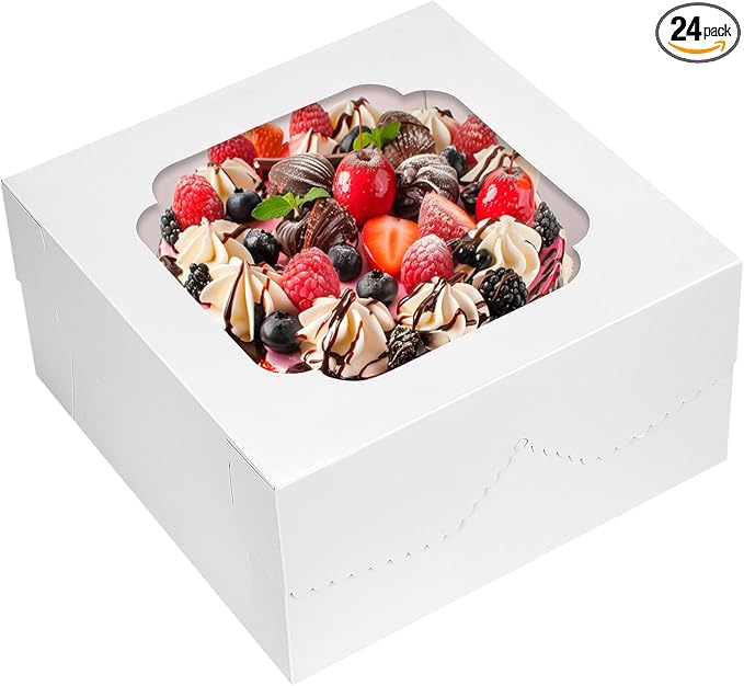 Moretoes 24pcs Cake Boxes, 12x12x6 Inch Square Bakery Boxes with Window Cajas Pasteles for Valentine's Day, Mother's Day, Pastries, Chocolates, Cookies, Pie, Birthday Party, Wedding