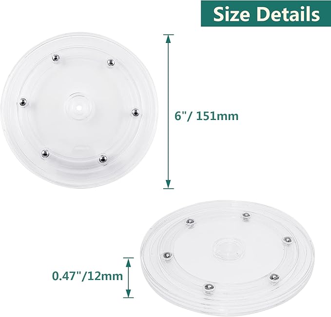 Murtenze 2Pcs 6 Inch Acrylic Turntable Organizer, Rotating Swivel Stand Spinner with Steel Ball Bearings for Kitchen Corner Cabinets Spice Rack Cake Decorating. (150mm,Clear)
