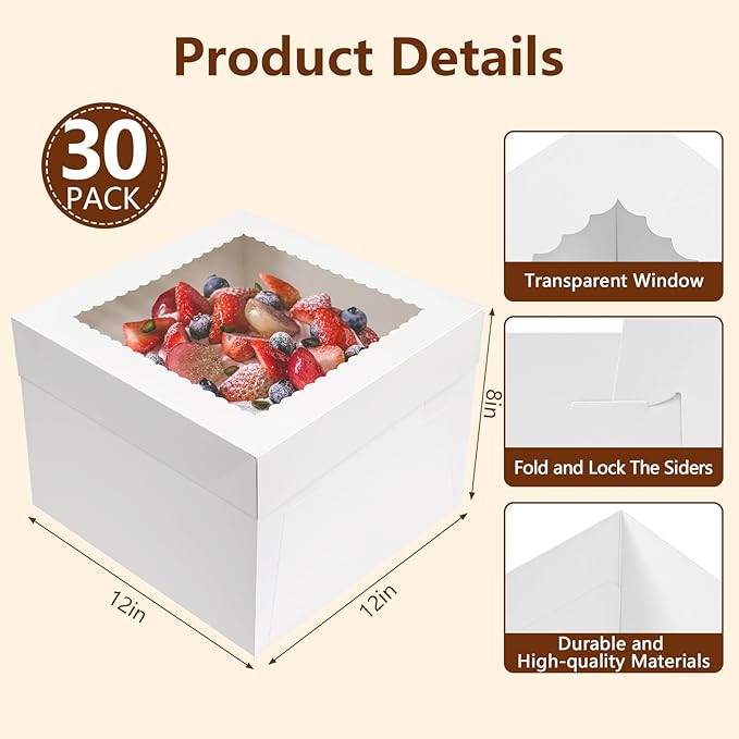 NEOACT 30 Pcs Cake Boxes, 12x12x8 Inch White Bakery Boxes with Window Cake Containers 12 Inch large Cake box for Birthday Party, Wedding,Tall Dessert Cardboard Boxes