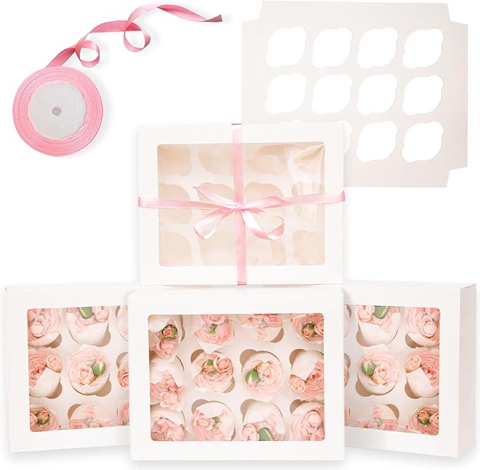 Bakepacker 12 Cupcake Containers 20-Packs White Cupcake Box Cupcakes Carrier, 12 Cupcake Boxes with Window 13"x10"x3.5"（Auto-pop up）