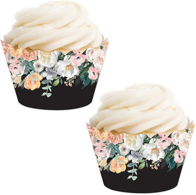 Andaz Press Party Cupcake Wrapper Decorations, Peach Coral Floral Flowers on Black, 24-Pack, For Girls 1st Birthday Baby Bridal Shower Tea Party Themed Decorations