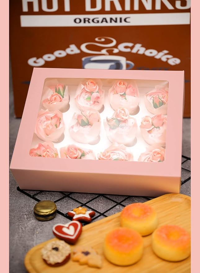 12 Cupcake Containers 20-Packs Pink Cupcake Box Cupcakes Carrier, 12 Cupcake Boxes with Window 13"x10"x3.5"（Auto-pop up）