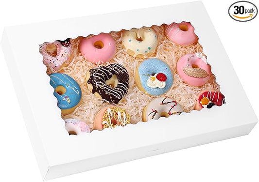 Moretoes 30pcs Cookie Boxes, 16x11x2.5 Inches Auto-Popup Bakery Boxes with Window for Pastries, Pies, Muffins, Chocolate Covered Strawberries