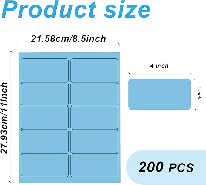 2" x 4" Colored Address Labels, 200 Bright Lake Blue Label Stickers- Laser/Ink Jet Printer Mailing Labels, 8.5"x11" 20 per Sheet