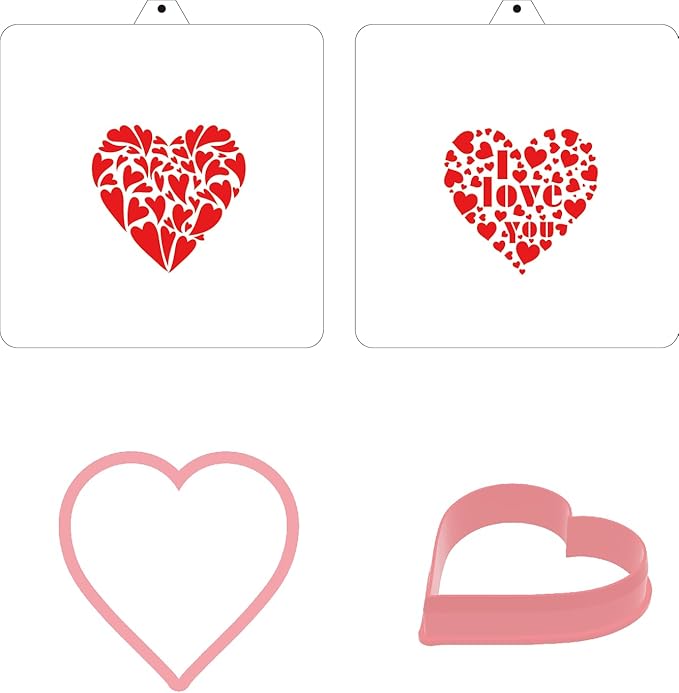 Valentine Cookie Cutter and Stencil Set Bakery Bundle PYO Cookies Diy Bakery Fondant Sugar Love Wedding Baby Family Kids Painting Coloring Pages Comb (Heart)