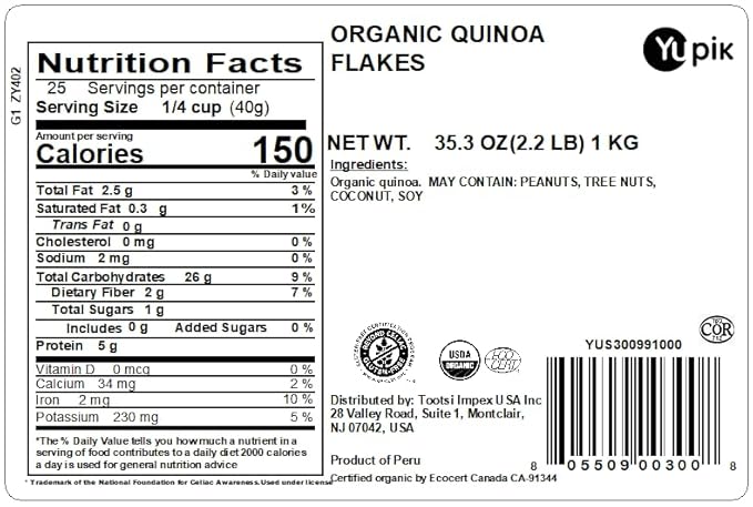 Yupik Organic White Quinoa Flakes, 2.2 lb (35.2 oz), Non-GMO, Gluten-Free, Kosher, Vegan, Salt-Free, Oil-Free, Plant-Based Protein, Source of Fiber, Alternative to Oats, Ideal for Baking & Cooking