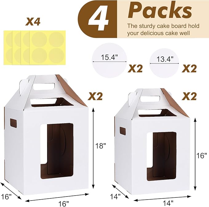 Moretoes 4 Pack Tall Cake Boxes with 4 Boards, Large Bakery Take Out Transport Containers 2 Sizes 14x14x16 & 16x16x18 Tier Bakery Carrier with 4 Boards, Party Birthday Wedding