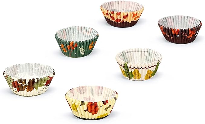 qiqee Cupcake Liners Thanksgiving Small Fall Muffin Cases No Smell, Food Grade Baking Cups Paper Pumpkin Turkey Maple (300-Count 6 Original Design)