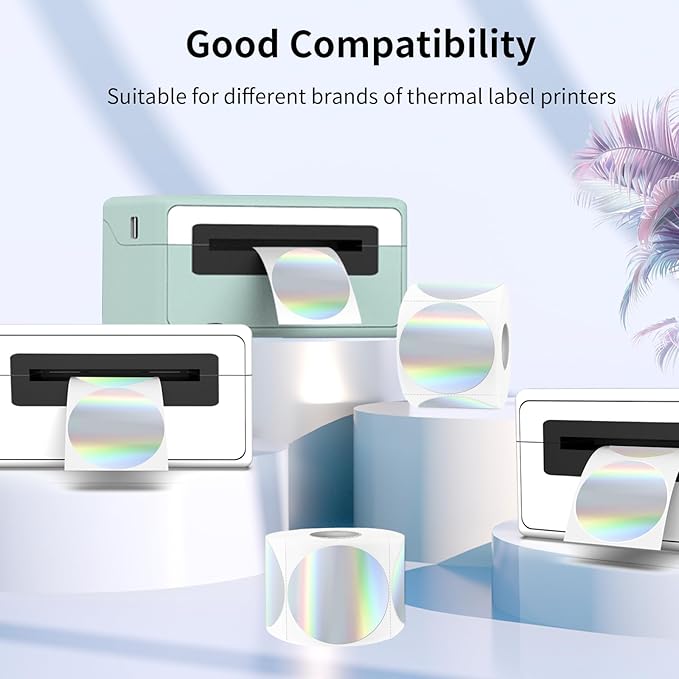 2" Circle Holographic Thermal Label Stickers, Round Printable Rainbow Glitter Thermal Printer Sticker Labels for Gift Wrapping, Self-Adhesive DIY Custom Logo Design- Silver (300Pcs/Roll)