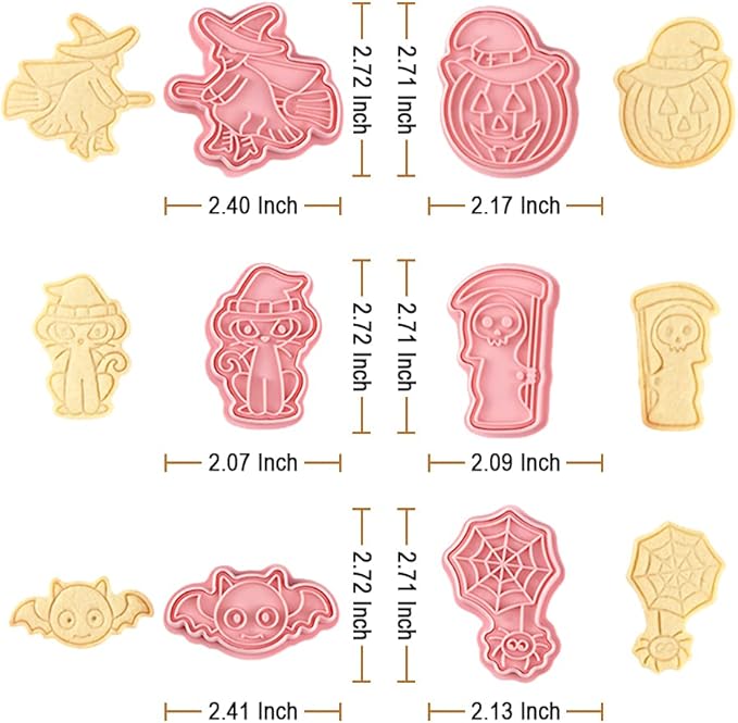 Novel Halloween Cookie Cutters and Stamper, Pumpkin, Ghost, Witch, Bat, Cat, Spider 3D Cookie Cutters Set for Halloween Baking (Pack of 12)