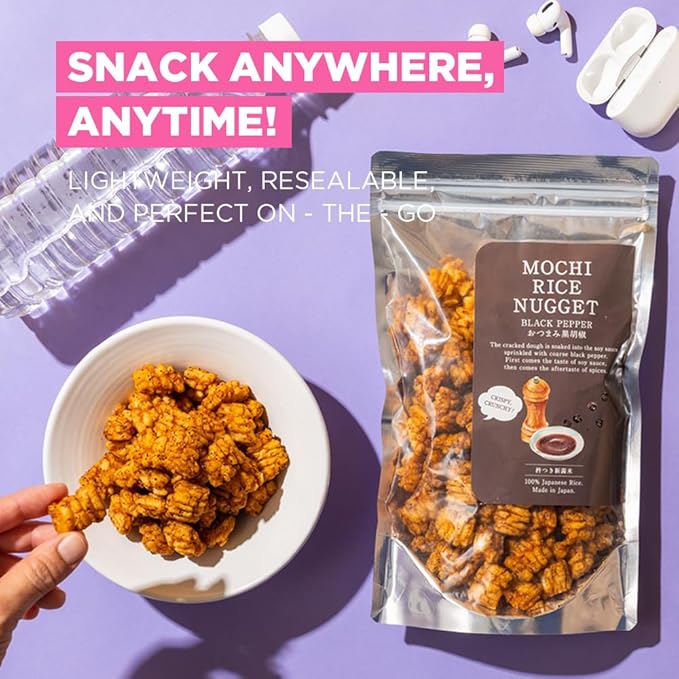Mochi Rice Nuggets – Japanese Rice Crackers, Rice Crispy Treats, Japanese Snacks, No MSG, No Artificial Colors or Preservatives, Made in Japan, arare rice crackers, Black pepper flavor 4.9oz (140g)