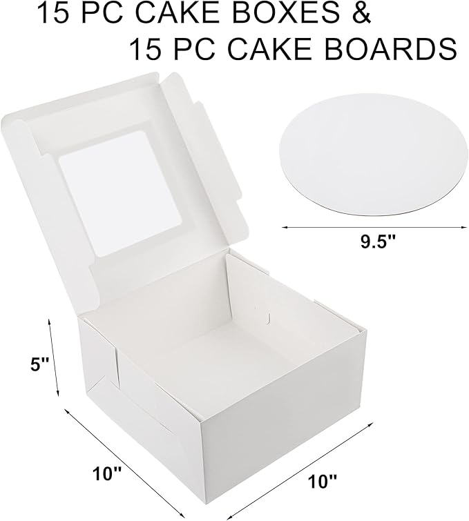 LotFancy Cake Boxes, 10 x 10 x 5 inch, 30 Pcs, 15 Disposable Paper Cake Carrier with 15 Round Board, White Bakery Boxes with Window, Treat Box Container for Pie, Donut, Cookie, Pastry
