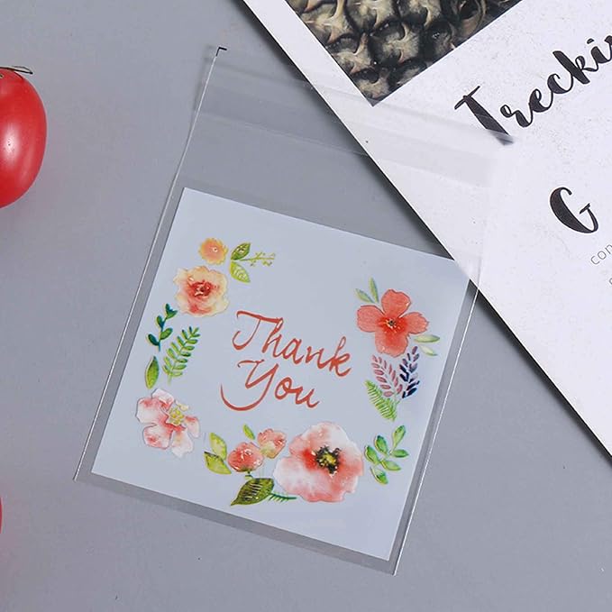 200pcs 5.5x5.5in Thank You Candy Bags Individual Cookie Wrappers Pink Flower Self Adhesive OPP Cookie Bakery Bags Roasting Treat DIY Translucent Plastic pouches