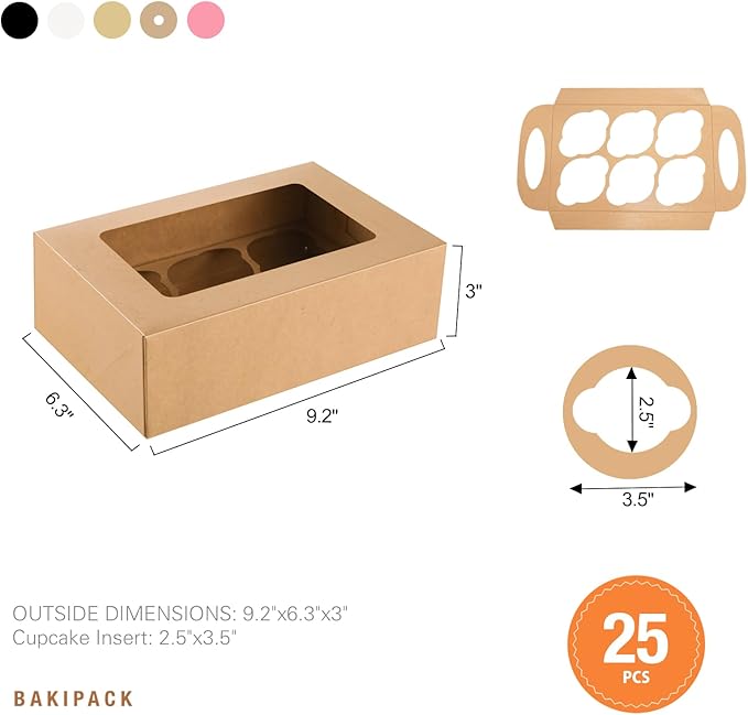 25 Cupcake Boxes, Kraft Cupcake Boxes 6 Count with Window and Inserts, Cupcake Holders for Cupcakes, Muffins, Cookies, Pastries