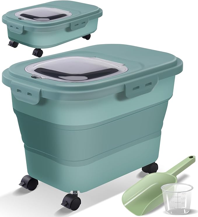 Collapsible Dog Food Storage Container with Lids, Airtight 30 35 Lbs Rice Cereal Flour Sugar Containers Dispenser, Sealable 20 25 Lbs Dog Pet Cat Bird Seed Kitchen Holder Bin Bucket with Rolling Wheel