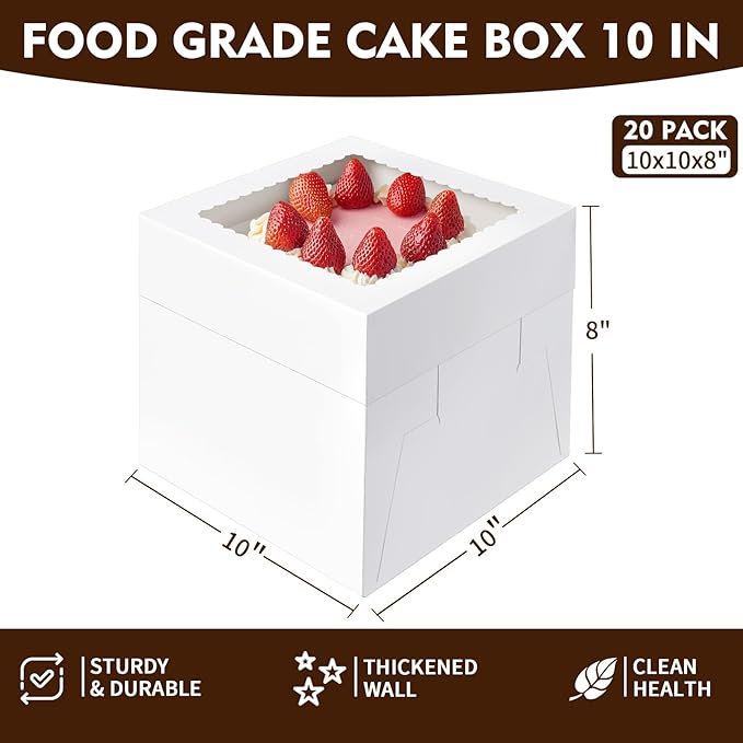 10 Pcs Cake Boxes, 10x10x8 Inch Tall Cake Box with Window, White Cake Boxes 10 Inch, Large Square Cake Box, Disposable Bakery Boxes for Cake Pastry Desserts Cookies Pies Wedding Birthday Party