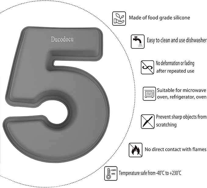 Ducodocu 3D Silicone Cake Pans Large Number Cake Mould Novelty Cake Tins DIY Baking Mold for Birthday Wedding Anniversary 10 inch Number of 5 Gray, 1 Pack