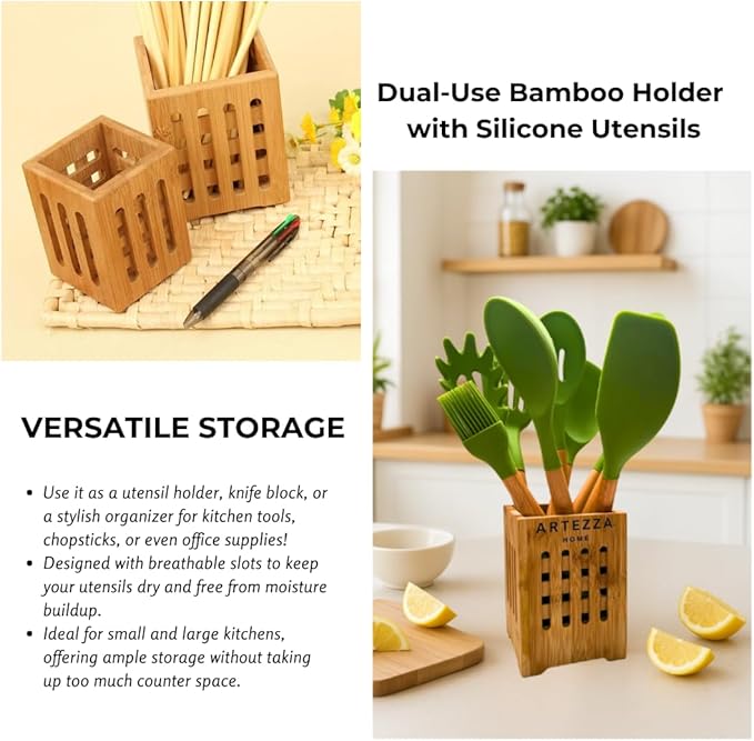 Premium Silicone Kitchen Utensil Set –10-Piece Cooking Tools with Wooden Handles and Bamboo Holder, Nonstick Safe, Heat Resistant, BPA-Free, Gift for Home or Housewarming (Green Set -10pcs)