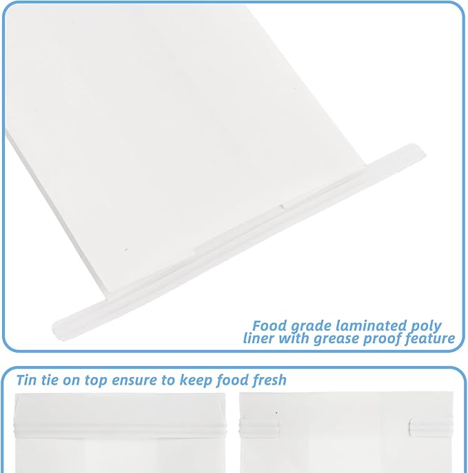 QTLCOHD 100Pcs Bakery Bags with Window 3.5 x 2.4 x 9.8 Inch White Paper Bread Bags Tin Tie Tab Lock Cookie Paper Treat Bag for Packaging Cookies Pastry Loaf Popcorn