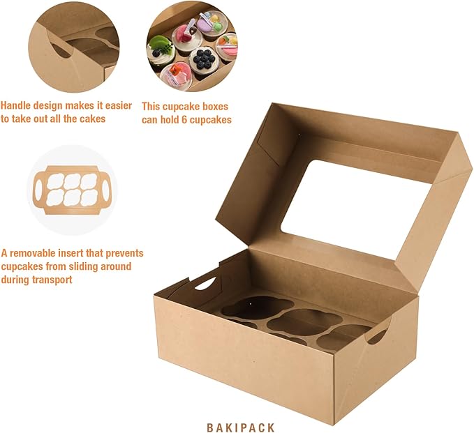 25 Cupcake Boxes, Kraft Cupcake Boxes 6 Count with Window and Inserts, Cupcake Holders for Cupcakes, Muffins, Cookies, Pastries