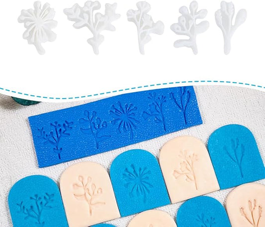 Polymer Clay Molds – 5PCS Botanical Texture Stamps with Flower & Leaf Patterns, Clay Cutters and Tools for Polymer Clay Jewelry and DIY Earring Crafts
