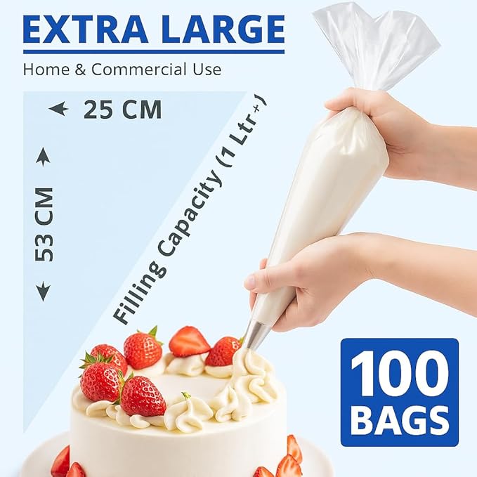 Extra Large 21 Inch piping bags and tips set (3 Nozzles) – 100 Pack Heavy Duty Disposable Pastry Bags, Non-Slip Icing Bags for Baking & Frosting