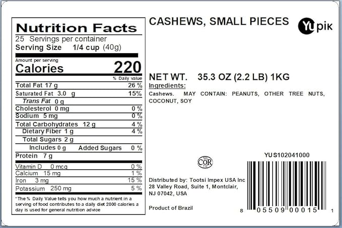 Yupik Raw Cashews, Small Pieces, 2.2 lb (35.2 oz), Gluten-Free, Kosher, Vegan, Chopped Nuts, Unsalted, Unroasted, Oil-Free, Crunchy, Source of Protein & Iron, Ideal for Baking & Cooking, Topping