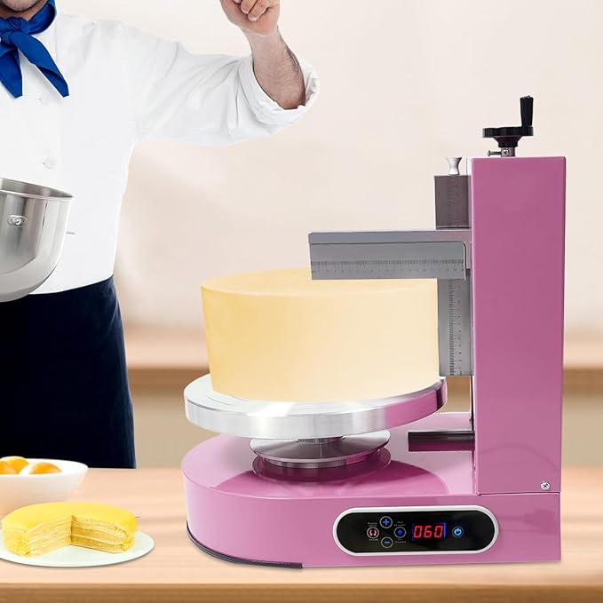 200W Automatic Cake Decorating Machine, 4-12 inch Birthday Cake Cream Spreading Machine Cream Smooth Coating Decoration Adjustable Speed w/LCD Display for Cake Shops, Dessert Shops (Pink)