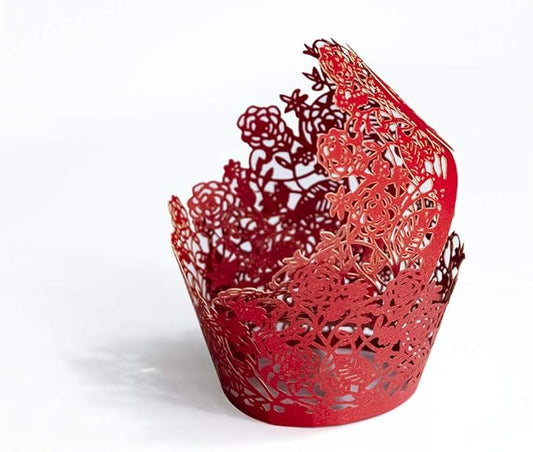 YOZATIA 60pcs Red Rose Lace Cupcake Wrappers Holders, Laser Cut Cupcake Liners Decorative Liners for Wedding Party Birthday Cake Decoration Supplies (Red)