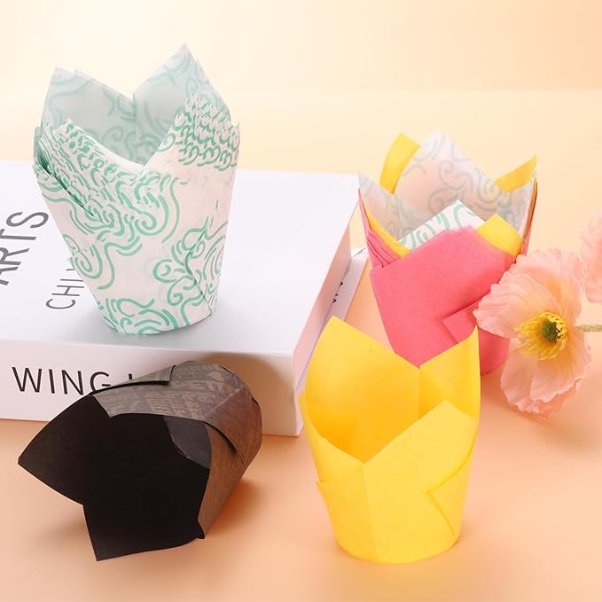 uxcell 50 Pcs Tulip Baking Cups Cupcake Muffins Liners Paper Greaseproof Wrappers for Wedding Birthday Party Festivals Christmas, Pink