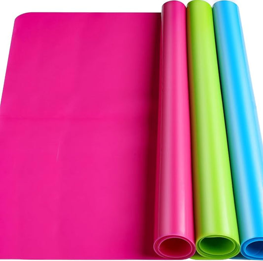 LEOBRO Silicone Mat for Crafts, 3 PCS 23.4” x 15.6” Large Silicone Mats, Play Dough Mat, Craft Mats for Resin Molds, Clay, Jewelry Making, Sculpture Casting, Hot Pink & Green & Blue