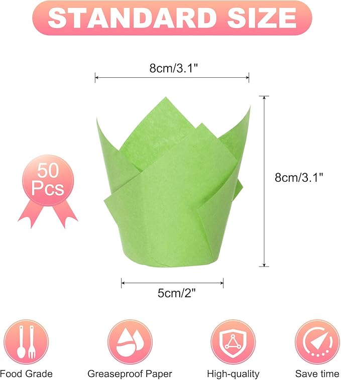 uxcell 50 Pcs Tulip Baking Cups Cupcake Muffins Liners Paper Greaseproof Wrappers for Wedding Birthday Party Festivals Christmas, Green