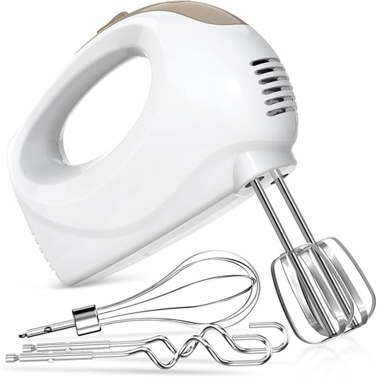 Handmixer - 5 Speed Portable Kitchen Mixer Electric Handheld with 5 Stainless Steel Accessories Whisk, Food Beater, ‌Ivory