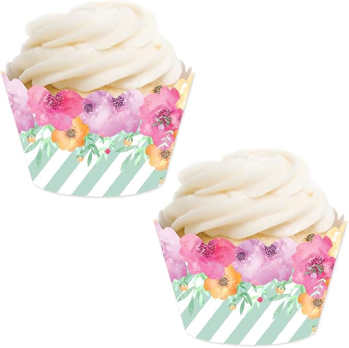 Andaz Press Party Cupcake Wrapper Decorations, Pink Floral Flowers on Mint Green Stripes, 24-Pack, For Girls 1st Birthday Baby Bridal Shower Tea Party Themed Decorations