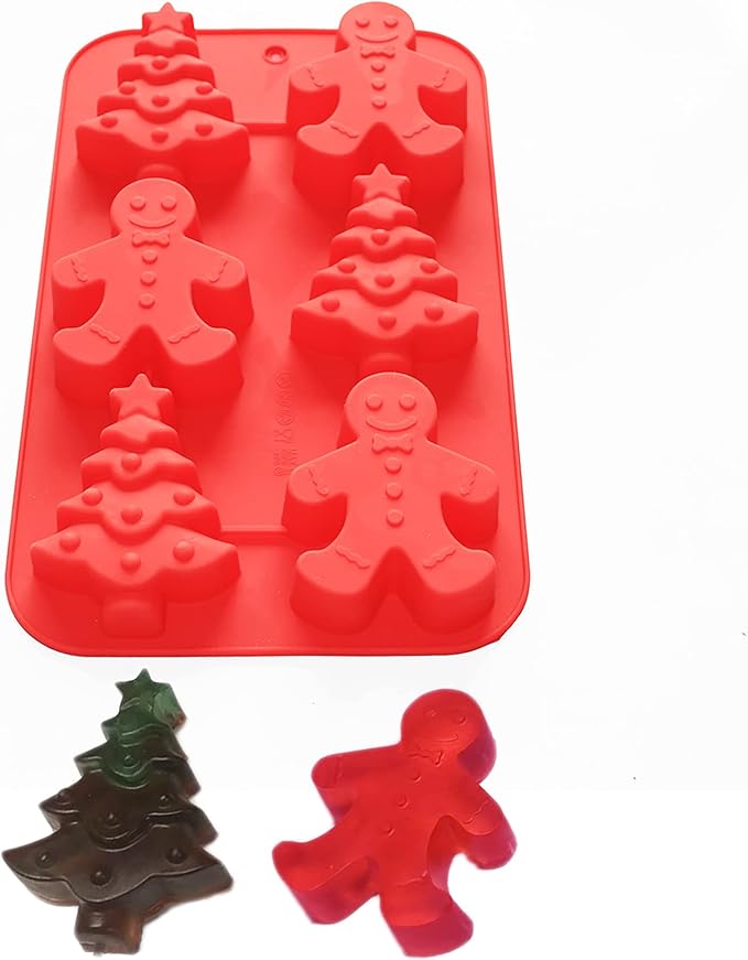 X-Haibei Gingerbread Man & Christmas Tree Silicone Mold for Soap, Crayons, Cookies, Chocolate - Large Cavity DIY Craft & Baking Mold for Holiday Projects