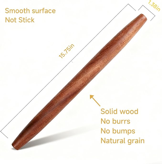 French Rolling Pin,15.75 Inches Wooden Rolling Pin for Baking,Fondant,Dough Roller for Cookie,Pizza Pie Crust, Pastry, Dough, Essential Kitchen Utensil (Brown wood color)