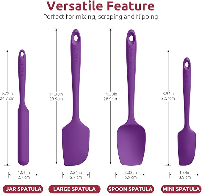 High Heat Resistant Silicone Spatulas: U-Taste 480ºF Hot Proof Food Grade Flexible Silicon Baking Scraper, Food Grade Rubber Kitchen Cooking Mixing Utensils for Nonstick Cookware Set of 4 (Purple)