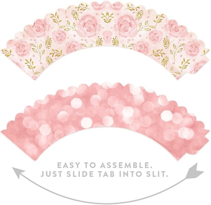 Andaz Press Party Cupcake Wrapper Decorations, Pink Roses and Bokeh Pink Glitter, 24-Pack, Girls Baby Shower 1st Birthday Theme Colored Bulk Cake Supplies