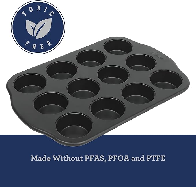 Oster Teston 12-Cup Muffin Pan, Nonstick Carbon Steel Cupcake Baking Tray, Matte Black, PFAS-Free, Easy Release, Oven-Safe Bakeware