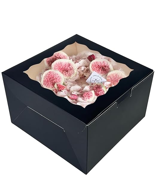 qiqee 10x10x5 Cake Box, 4 Sets Black Cake Box with Window ＆ 4 Sets 10" Black Cake Round Boards, 10inch Cake Containers