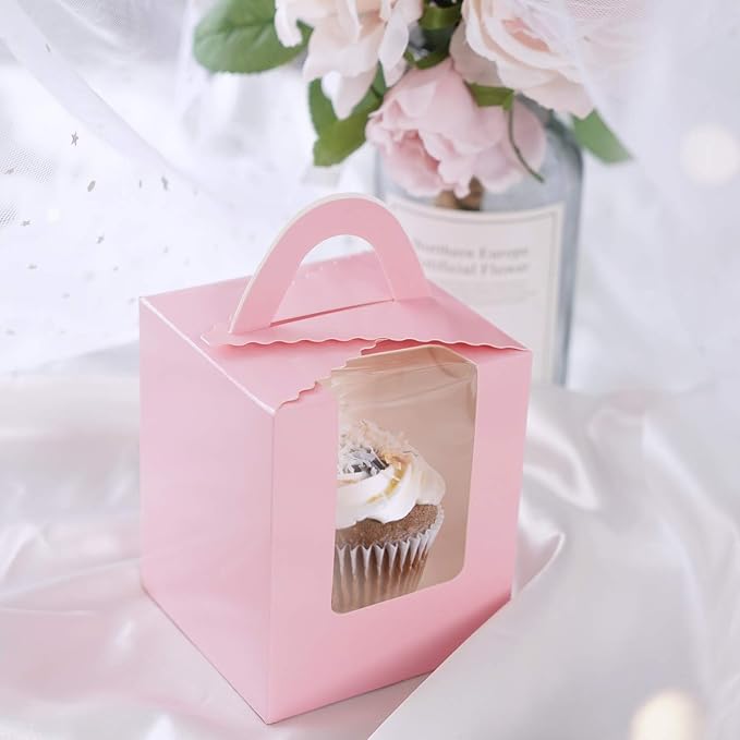 EUSOAR Individual Cupcake Boxes, 25pcs 3.6"x 3.6"x 4.3" Single Cupcake Carrier Containers, Muffin Cupcake Gift Boxes with Window Inserts Handle, for Wedding Birthday Party Treats Gift Packaging Boxes