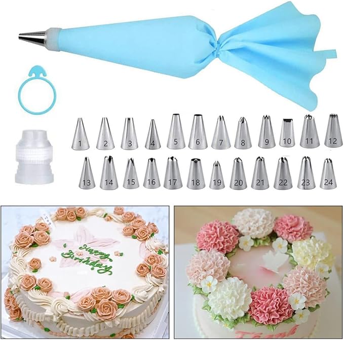 27-Piece Cake Decorating Kit with 24 Stainless Steel Nozzles, Reusable Silicone Bag, Coupler & Tie - Icing Bags and Tips Set for Cupcakes, Cookies & Baking