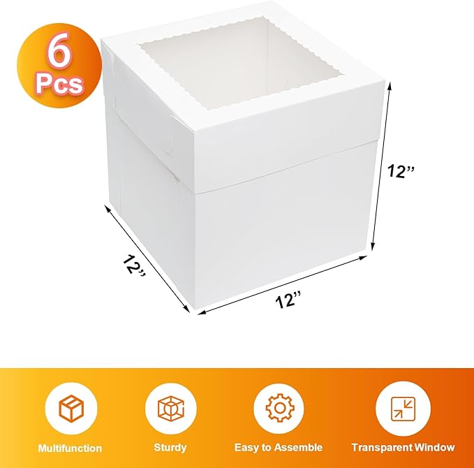 6 Pack Tall Cake Boxes for Tier Cakes 12x12x12 Inch Disposable Layer Tall Baking Carrier with Window Large Cardboard Tierd Bakery Take Out Transport Containers for Wedding, Birthday, Party